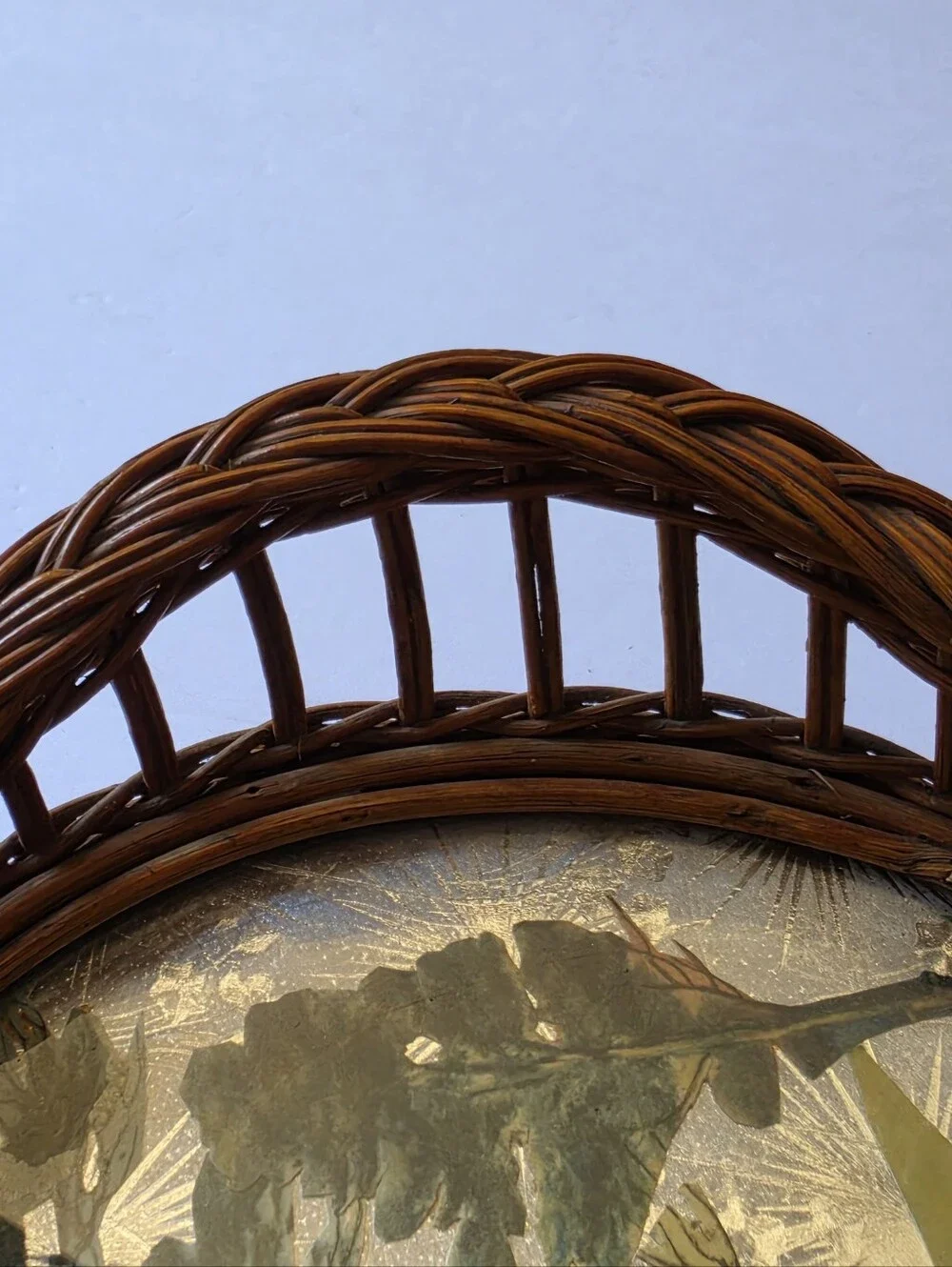 Asian Vintage Wicker Serving Tray Foil Paper Art Glass Top - 19